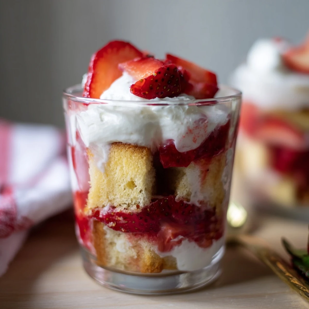 Golden strawberry shortcake cups layered with juicy red berries and fluffy whipped cream in clear glass