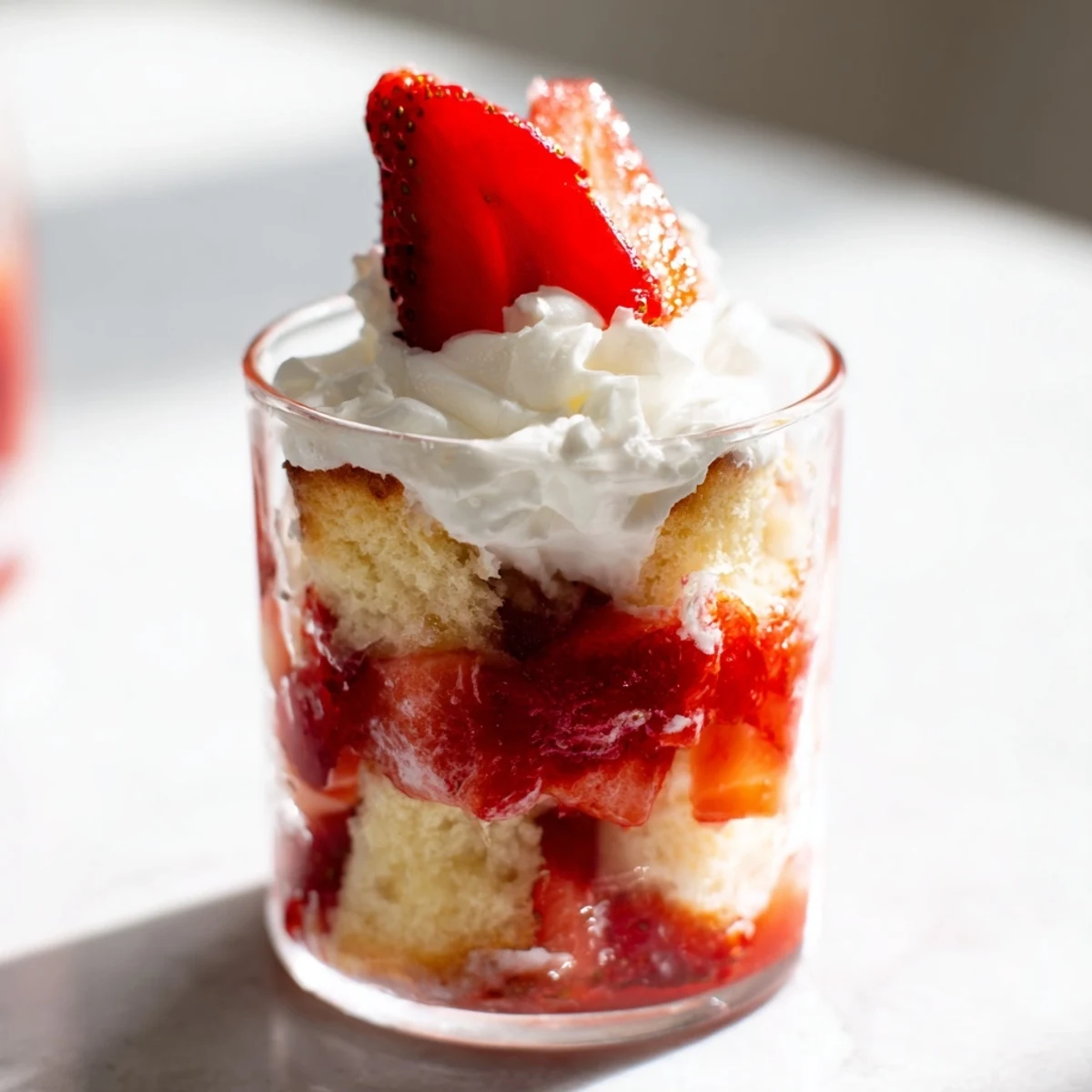 Individual strawberry shortcake cups showcasing tender cake, sweet macerated strawberries, and cream topping with fresh fruit