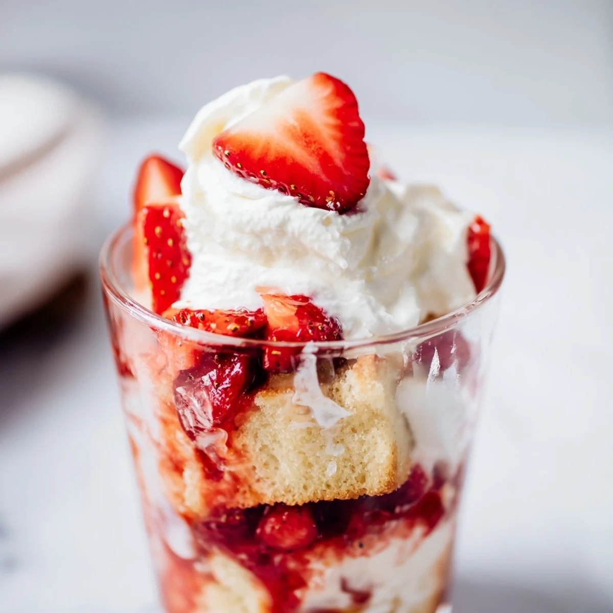Berry-filled strawberry shortcake cups dessert with whipped cream peaks and sliced strawberry garnish in parfait glasses