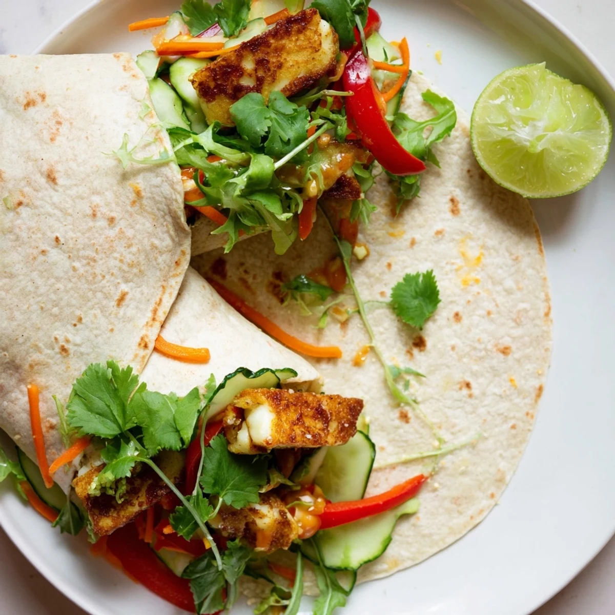 Golden brown halloumi cheese slices wrapped with crisp vegetables and tangy sweet chili sauce