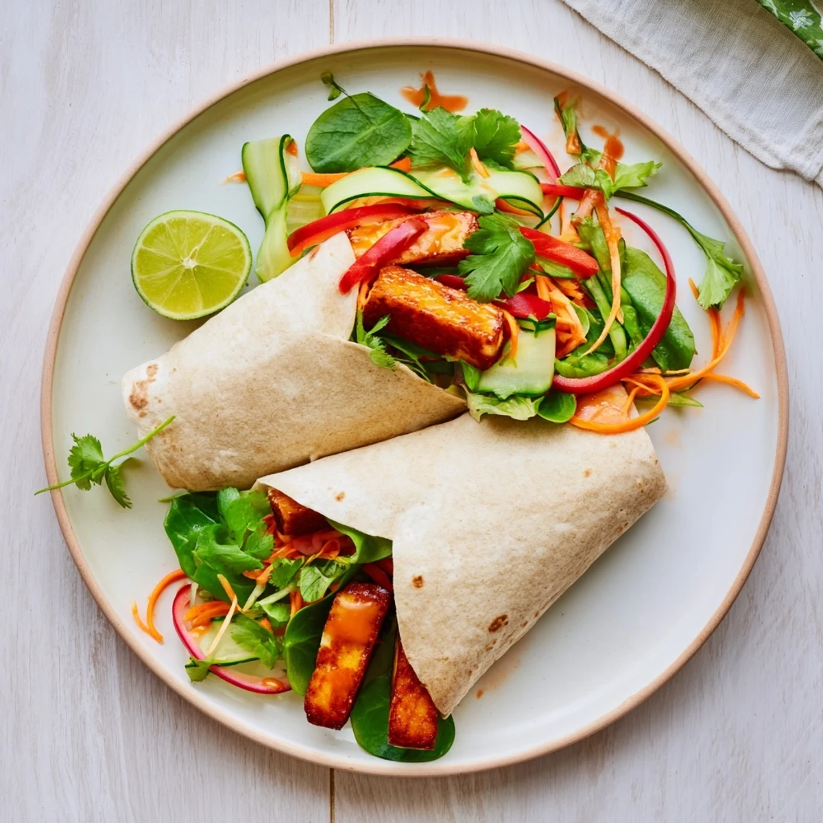 Fresh vegetarian sweet chili halloumi wraps rolled with colorful bell pepper and cucumber strips