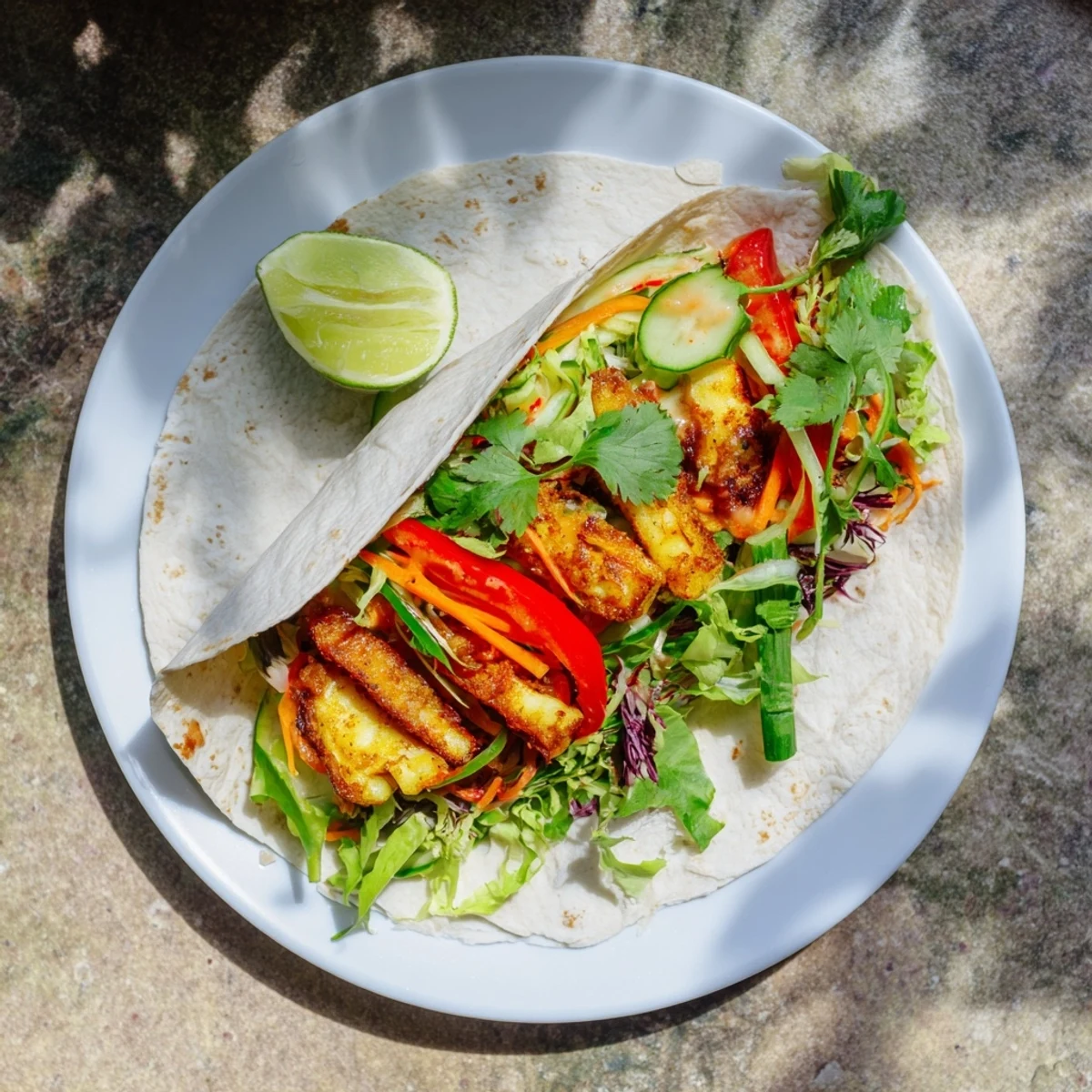 Crispy fried halloumi nestled in warm tortillas with crunchy julienned carrots and sweet chili glaze