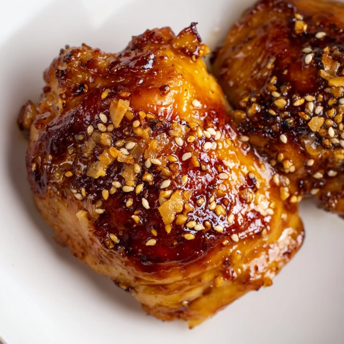 Closeup of sticky sweet and spicy maple chicken resting atop fragrant coconut rice with sesame garnish