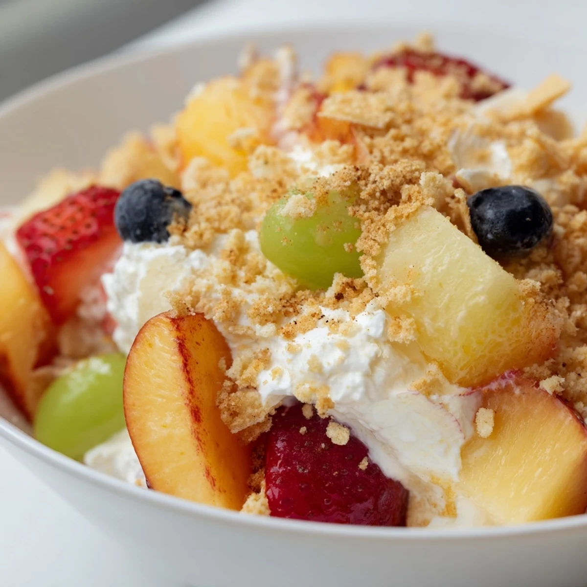 Creamy peach cobbler cheesecake fruit salad topped with golden cinnamon crumbles and fresh mixed berries