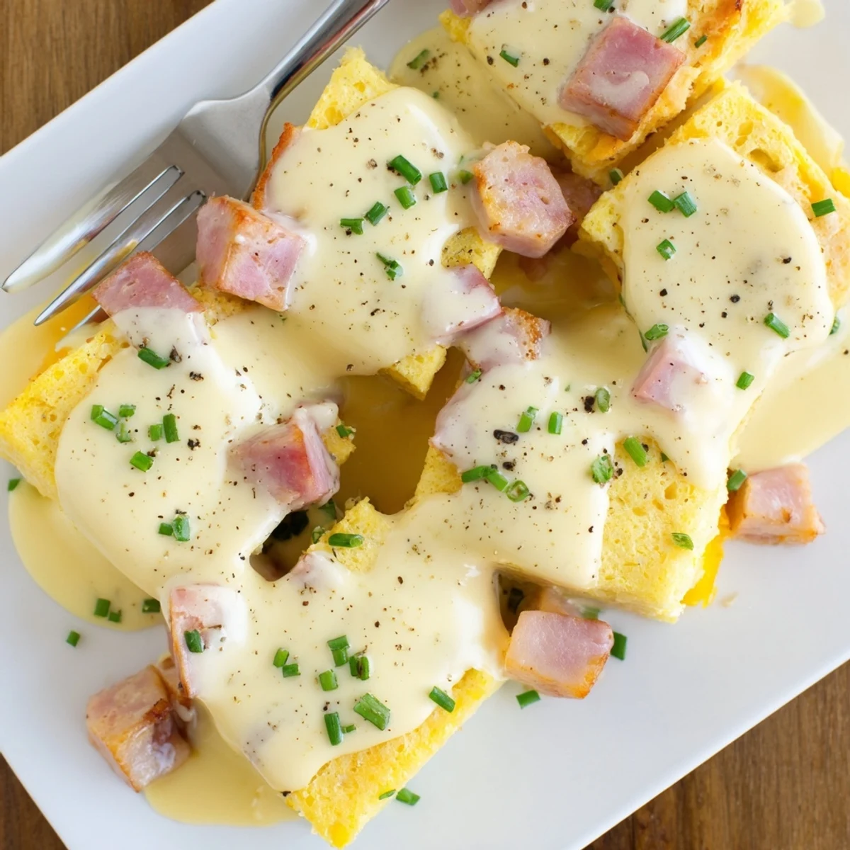 Fluffy egg breakfast casserole layered with English muffin pieces and savory Canadian bacon, topped with rich hollandaise