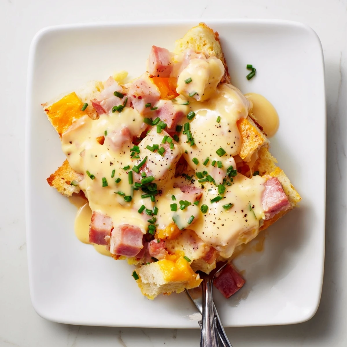 Golden baked Eggs Benedict casserole with creamy hollandaise drizzled over English muffins and Canadian bacon
