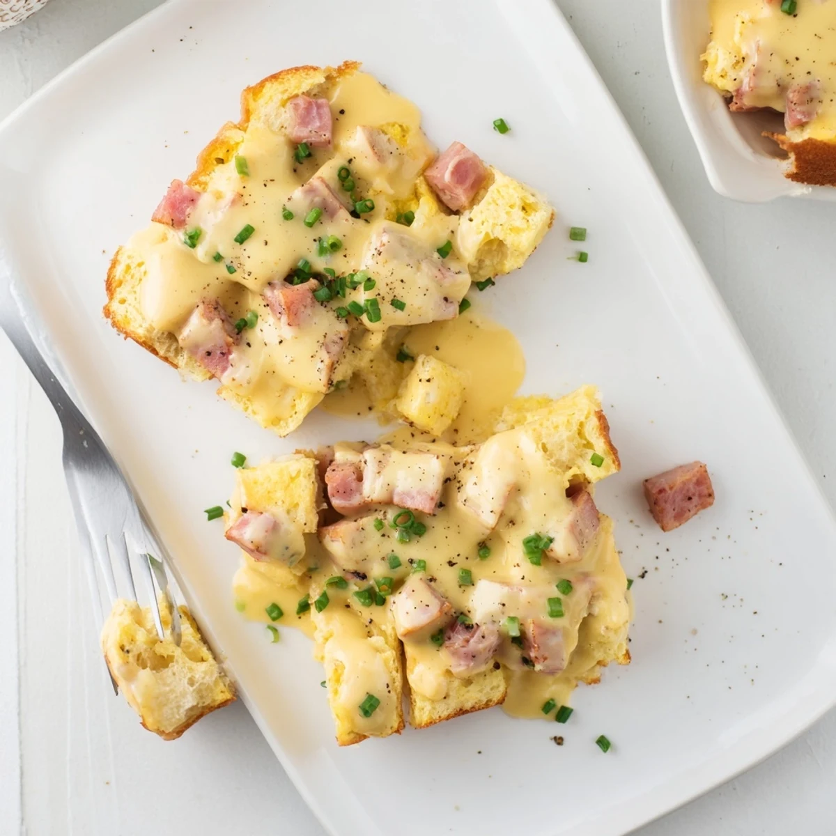 Crowd-pleasing brunch dish featuring baked Eggs Benedict casserole with golden edges and silky lemon hollandaise sauce