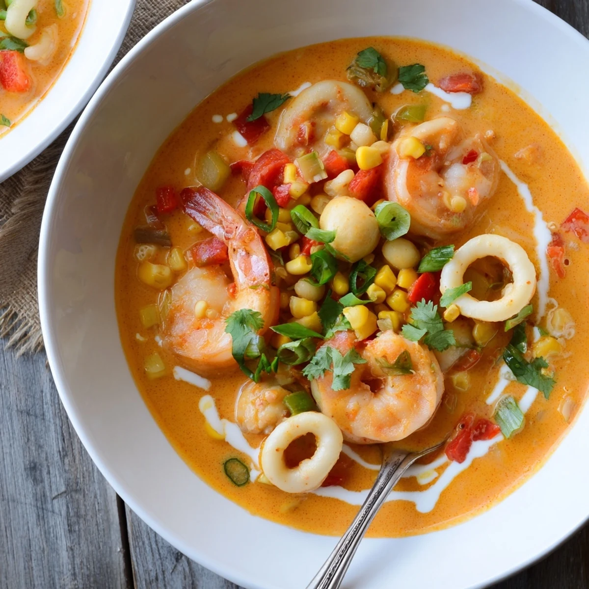 Creamy seafood and shrimp chili bubbling in a white pot with colorful peppers and cilantro garnish