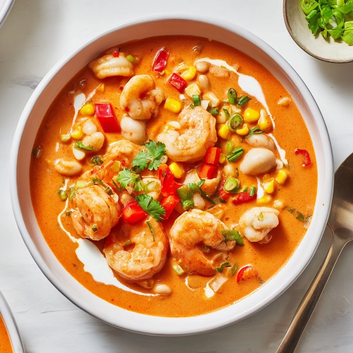 Bowl of rich creamy seafood and shrimp chili served with crusty bread and lime wedges