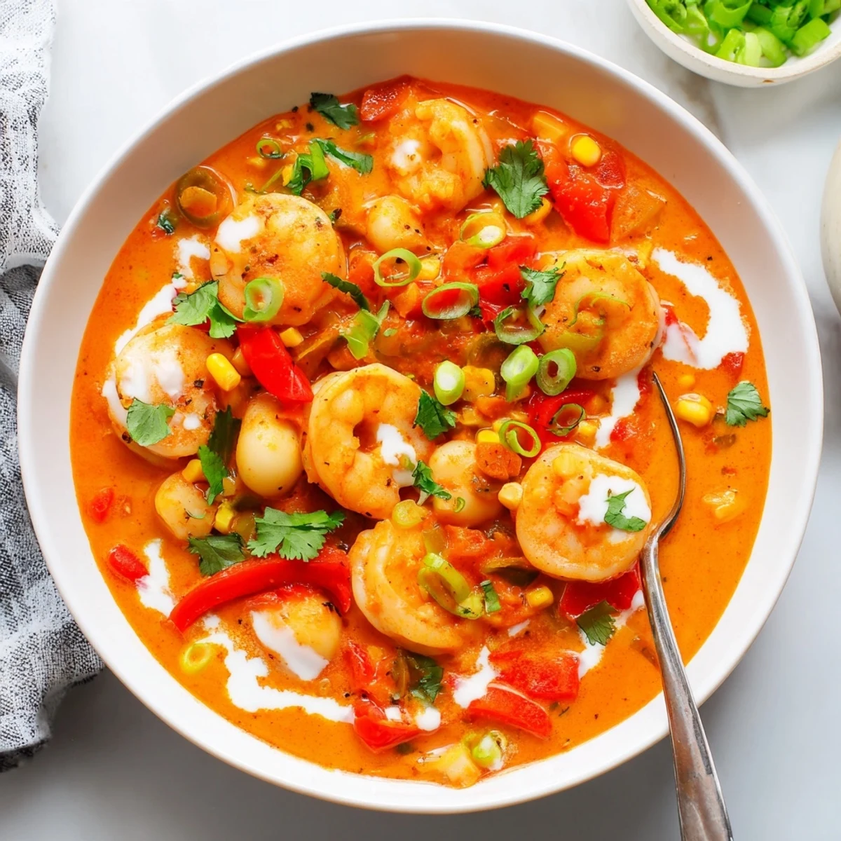 Close-up of tender shrimp and seafood pieces swimming in a spicy creamy chili broth
