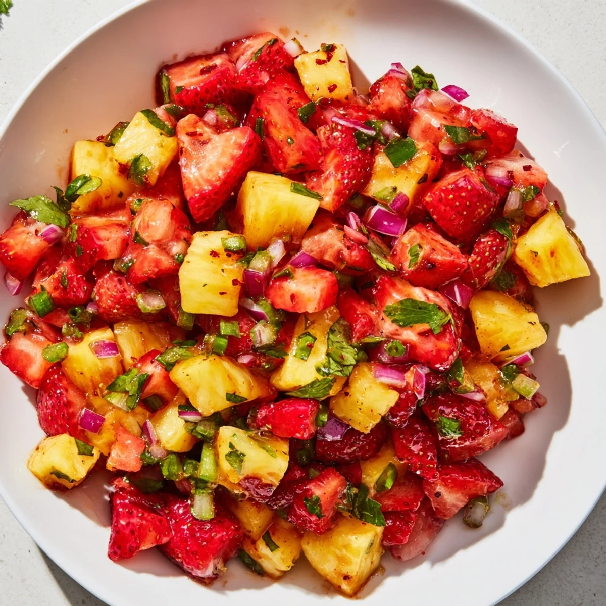 Fresh strawberry pineapple salsa in white bowl with red fruit chunks, green cilantro, and tortilla chips for dipping