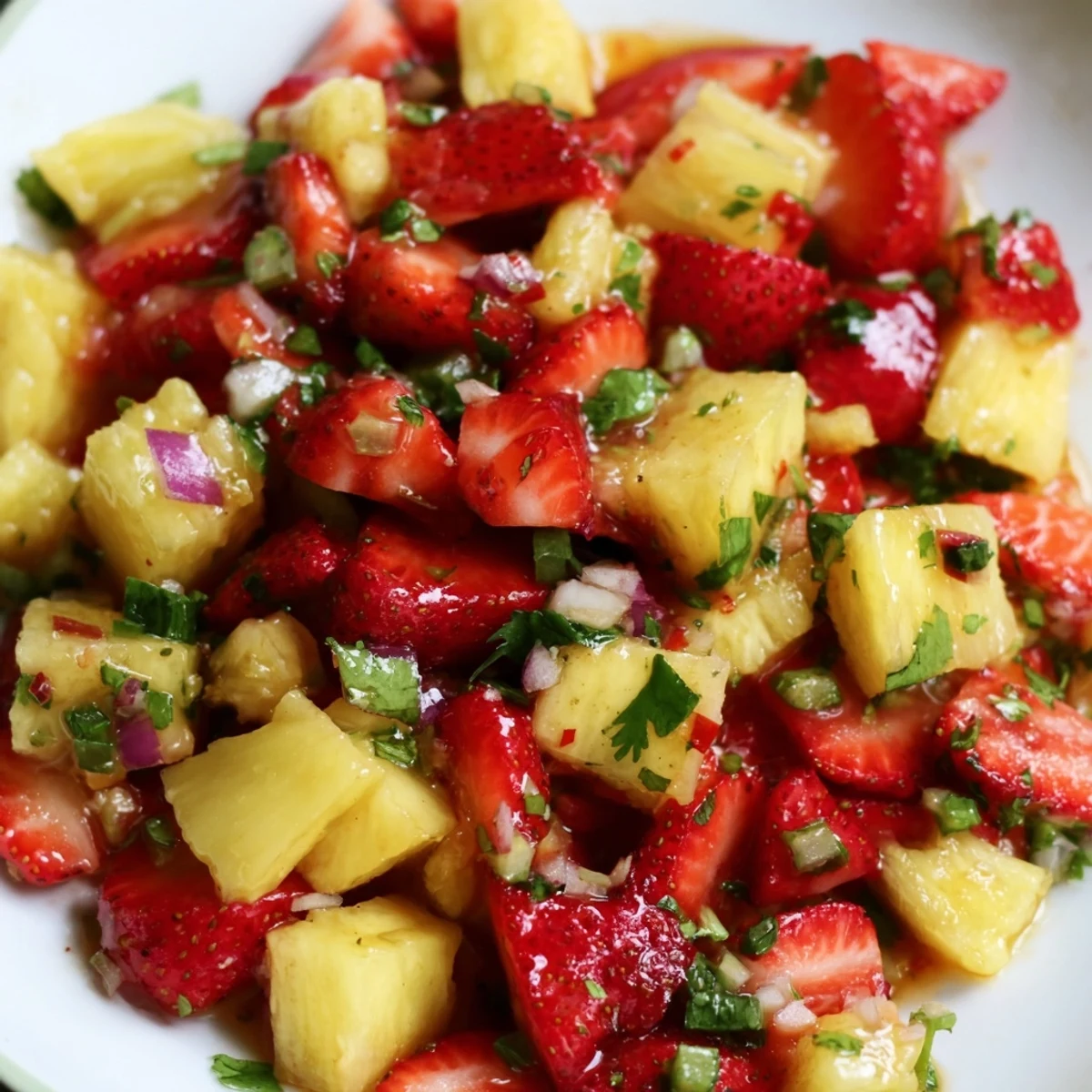 Colorful bowl of homemade strawberry pineapple salsa featuring diced red strawberries, yellow pineapple, and fresh green herbs