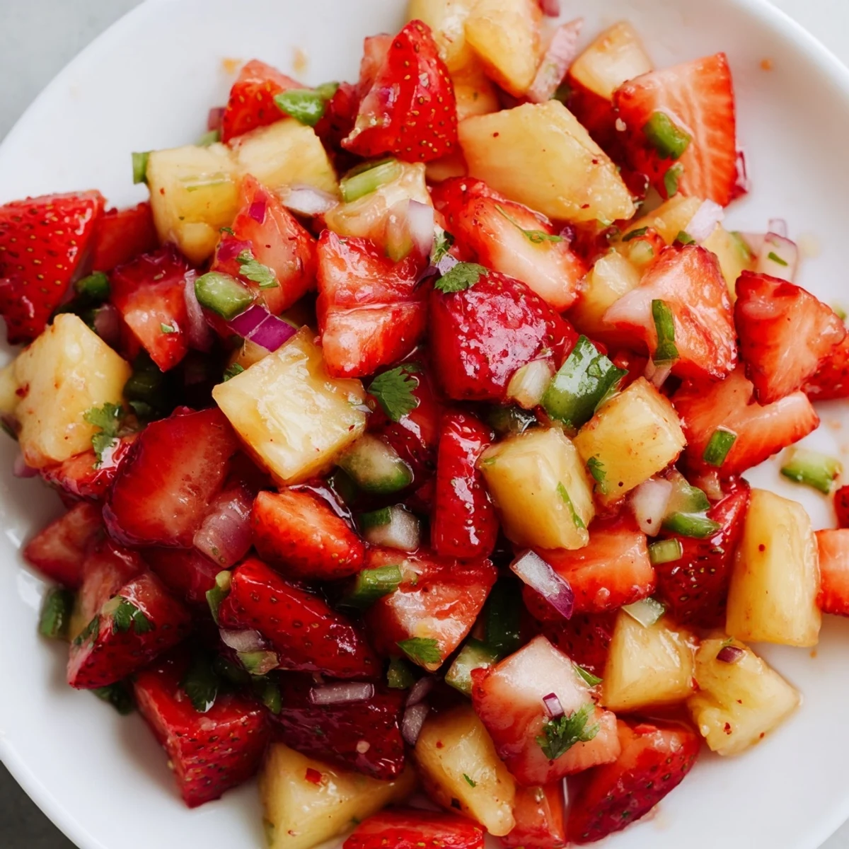 Vibrant strawberry pineapple salsa with juicy red fruit, bright pineapple pieces, and chopped cilantro served with crispy chips