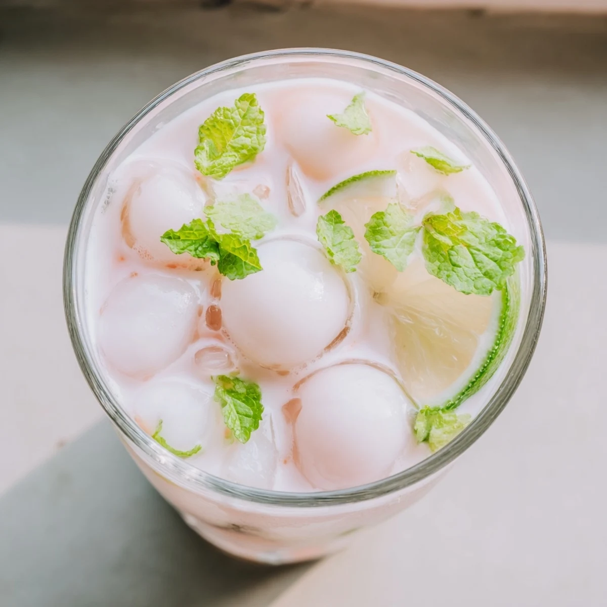 Tropical coconut lychee iced drink served over crushed ice with whole lychee fruit garnish