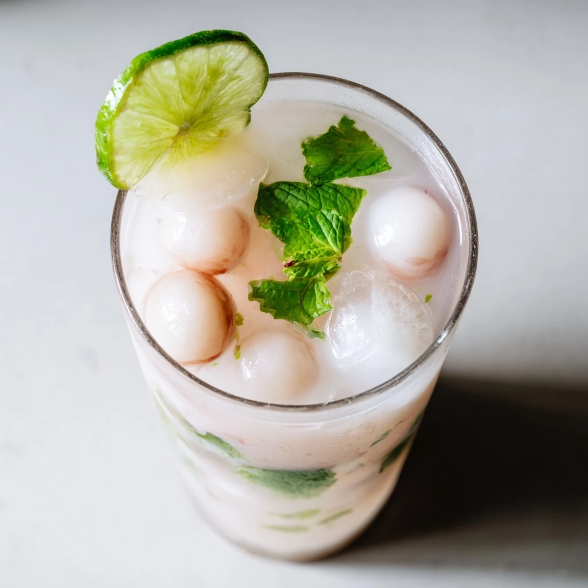 Refreshing coconut lychee iced drink with frothy white coconut milk layered over clear ice cubes
