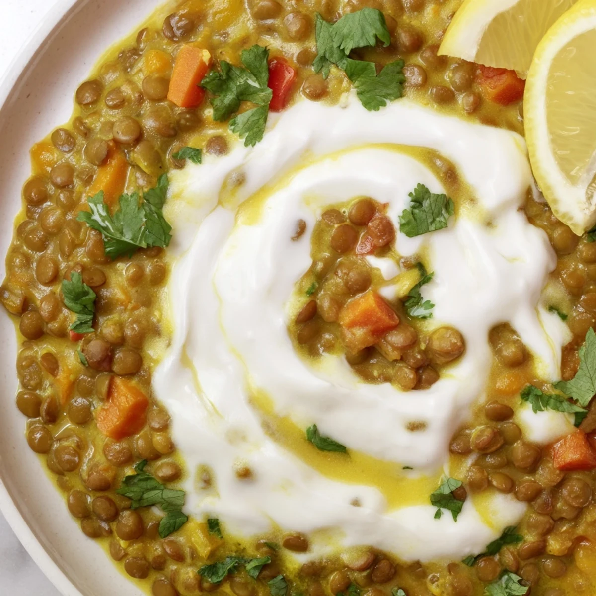 Creamy Greek yogurt lentil curry garnished with fresh cilantro in a white serving bowl