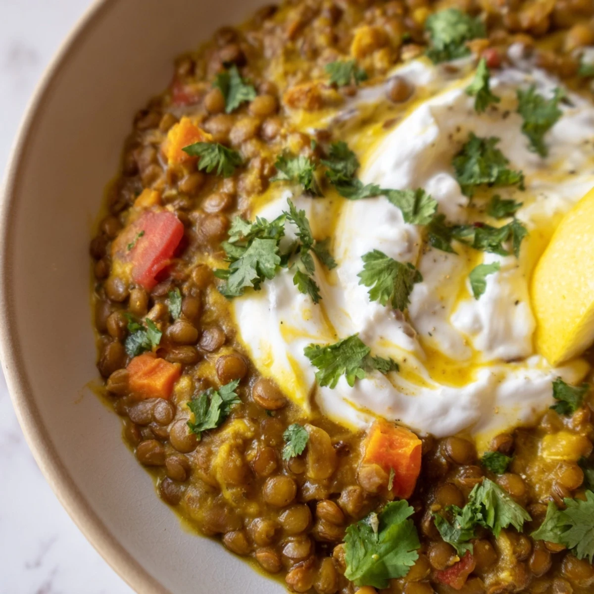 Velvety Greek yogurt lentil curry bubbling in a dark pot with vibrant diced vegetables