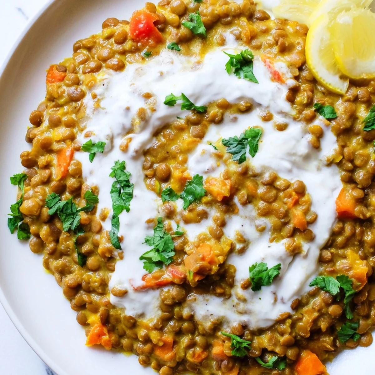 Golden spiced Greek yogurt lentil curry served over fluffy white rice with naan bread