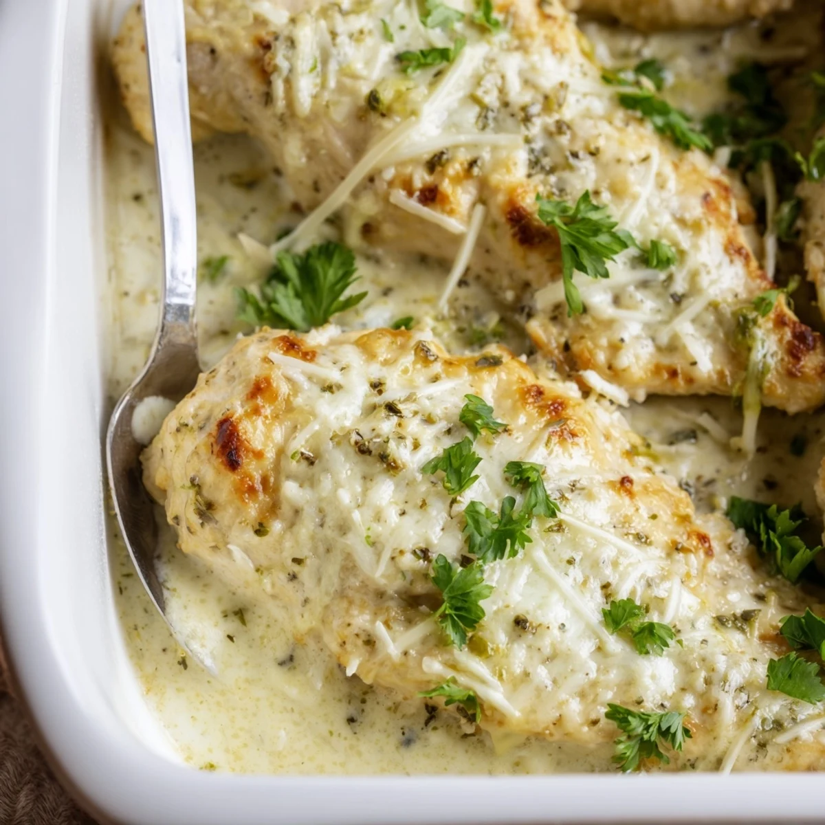 Golden baked chicken breast topped with melted mozzarella and parmesan in a creamy Caesar sauce