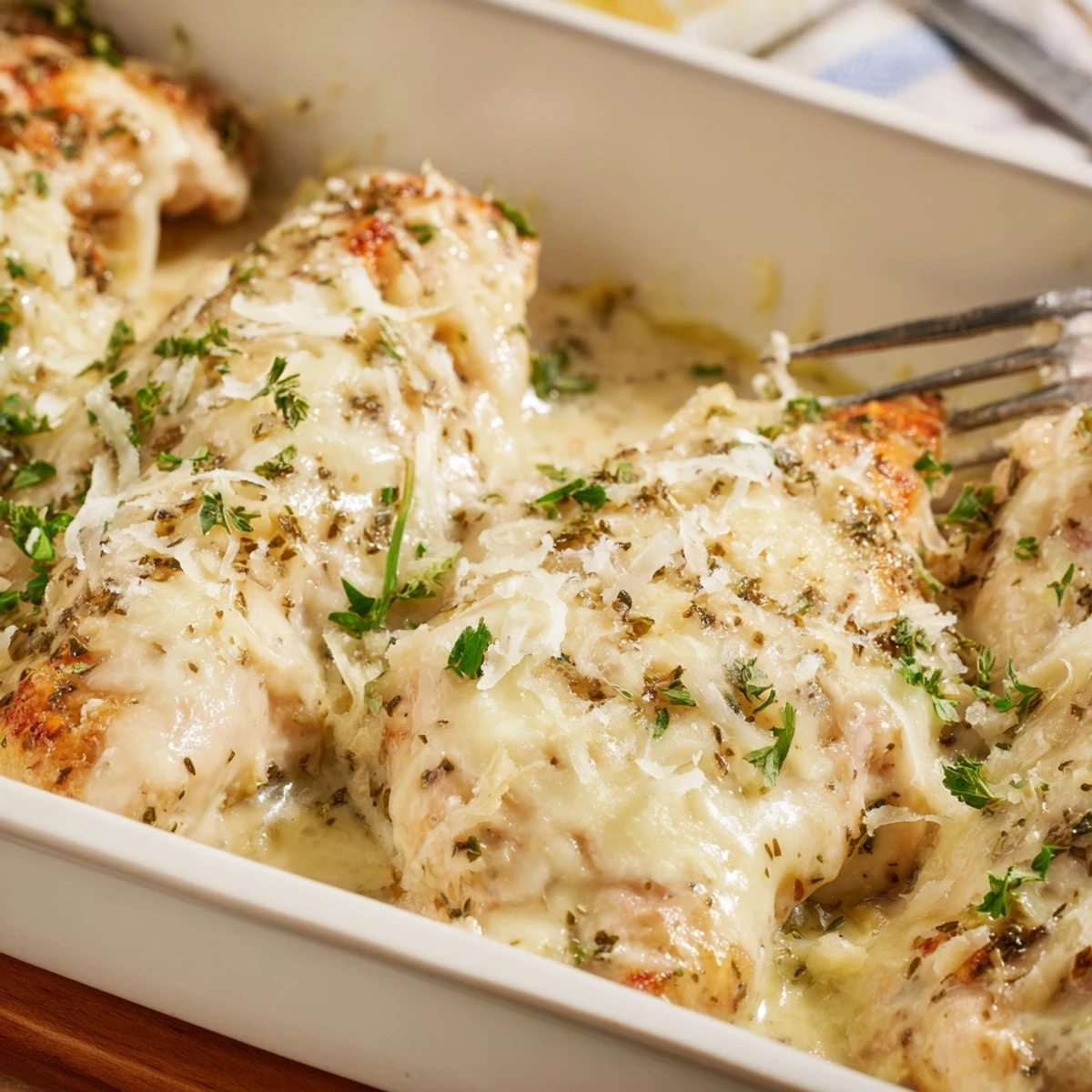 Oven-baked chicken drizzled with rich creamy Caesar dressing and sprinkled with shredded mozzarella cheese