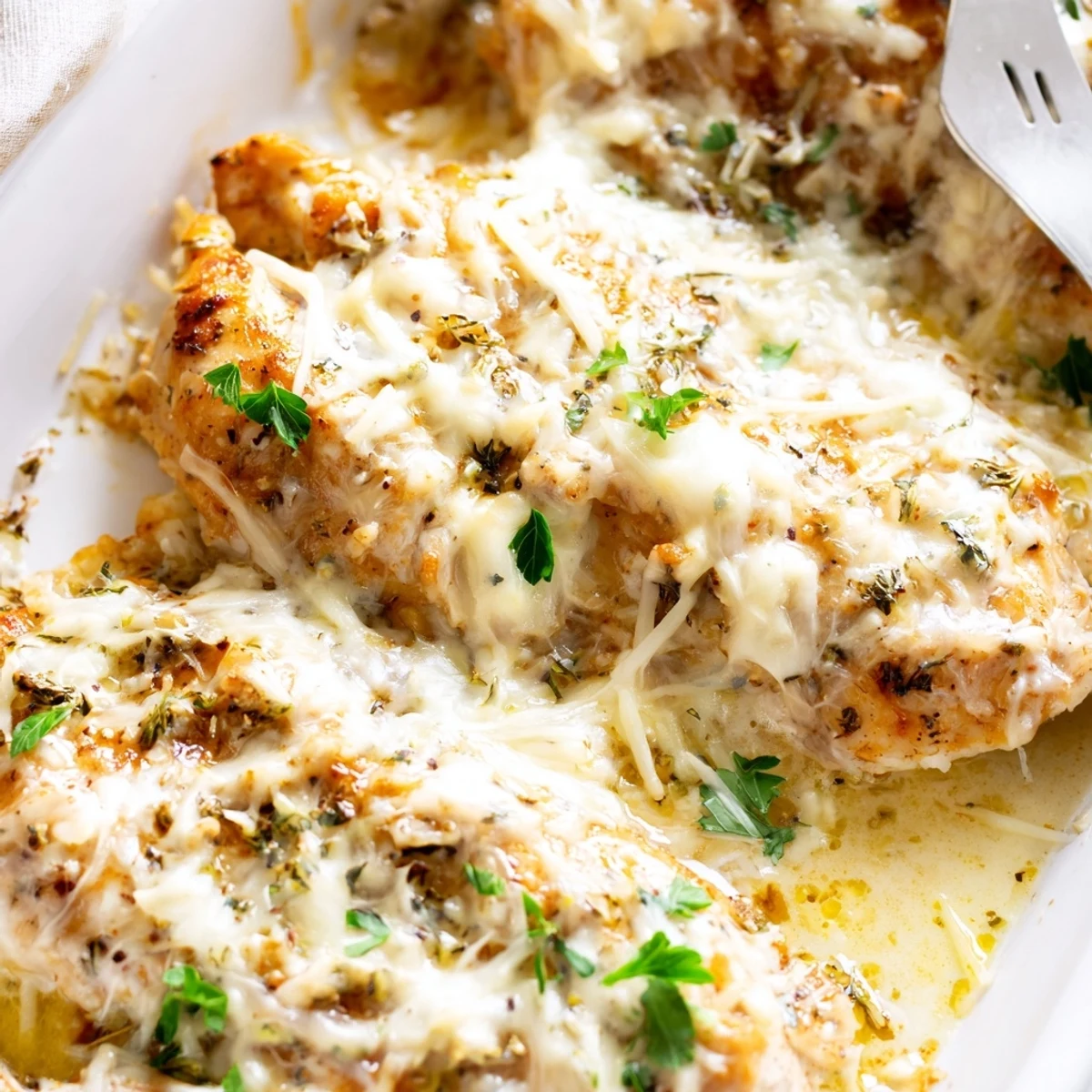 Tender juicy chicken smothered in garlic parmesan Caesar sauce and bubbly melted cheese topping