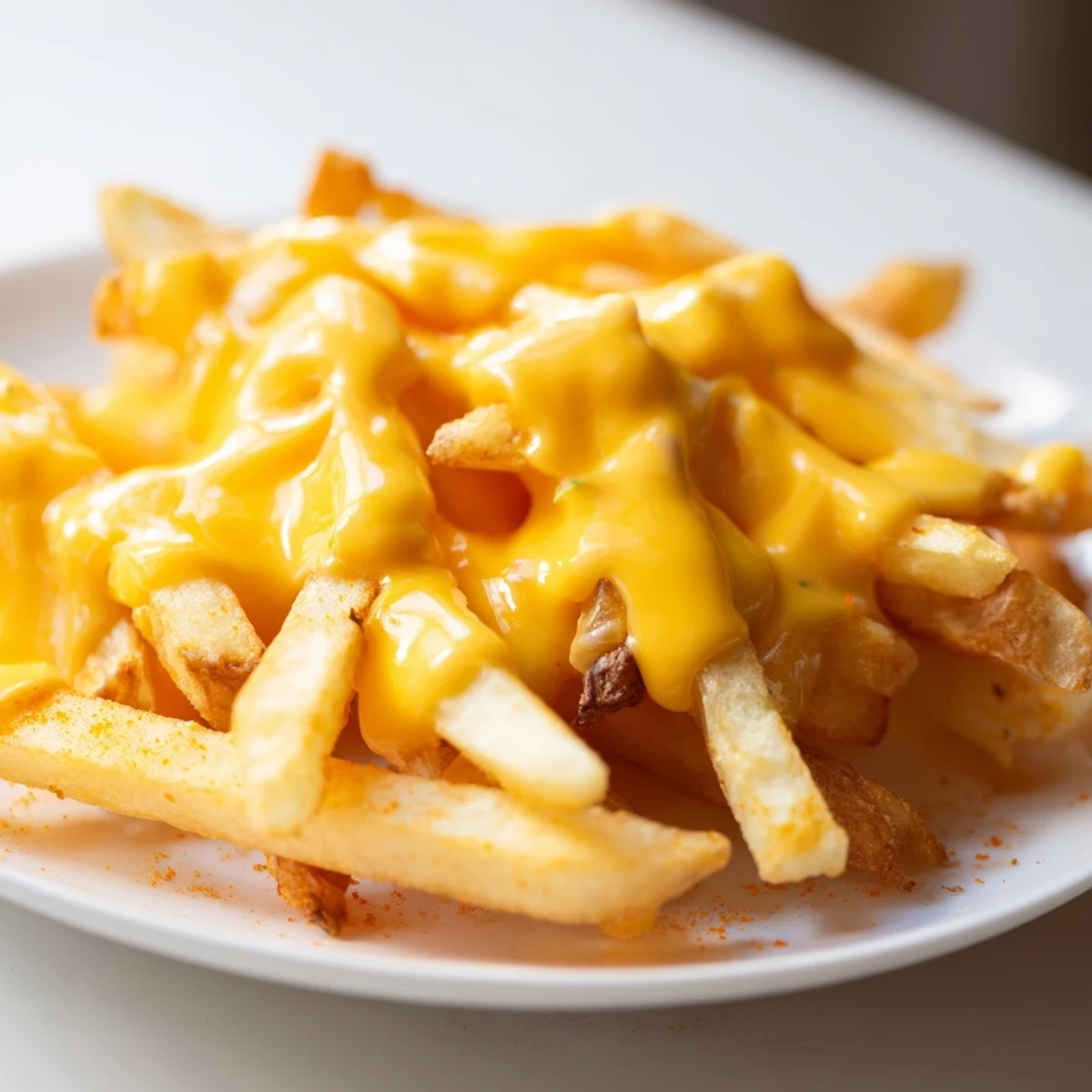 Creamy melted cheddar cheese sauce for fries served in a rustic white dipping bowl