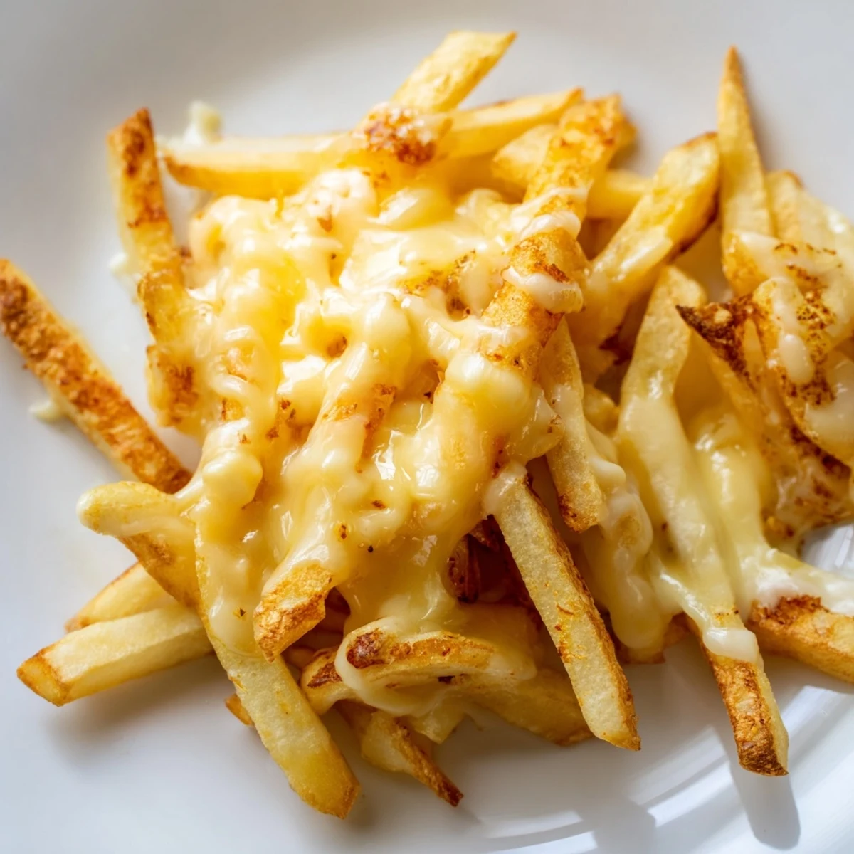 Golden homemade cheese sauce for fries drizzled generously over crispy golden potato wedges