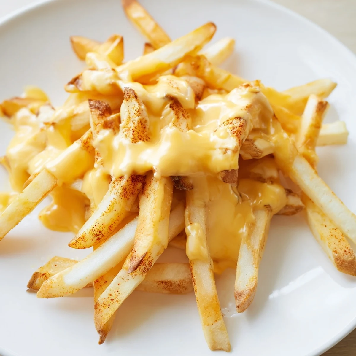 Velvety smooth cheese sauce for fries ladled over a heap of steaming restaurant-style potatoes