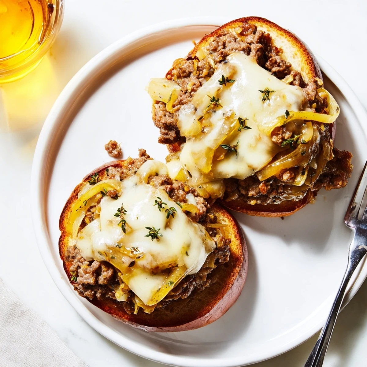 Savory French onion beef mixture topped with bubbling cheese on a soft buttered hamburger bun