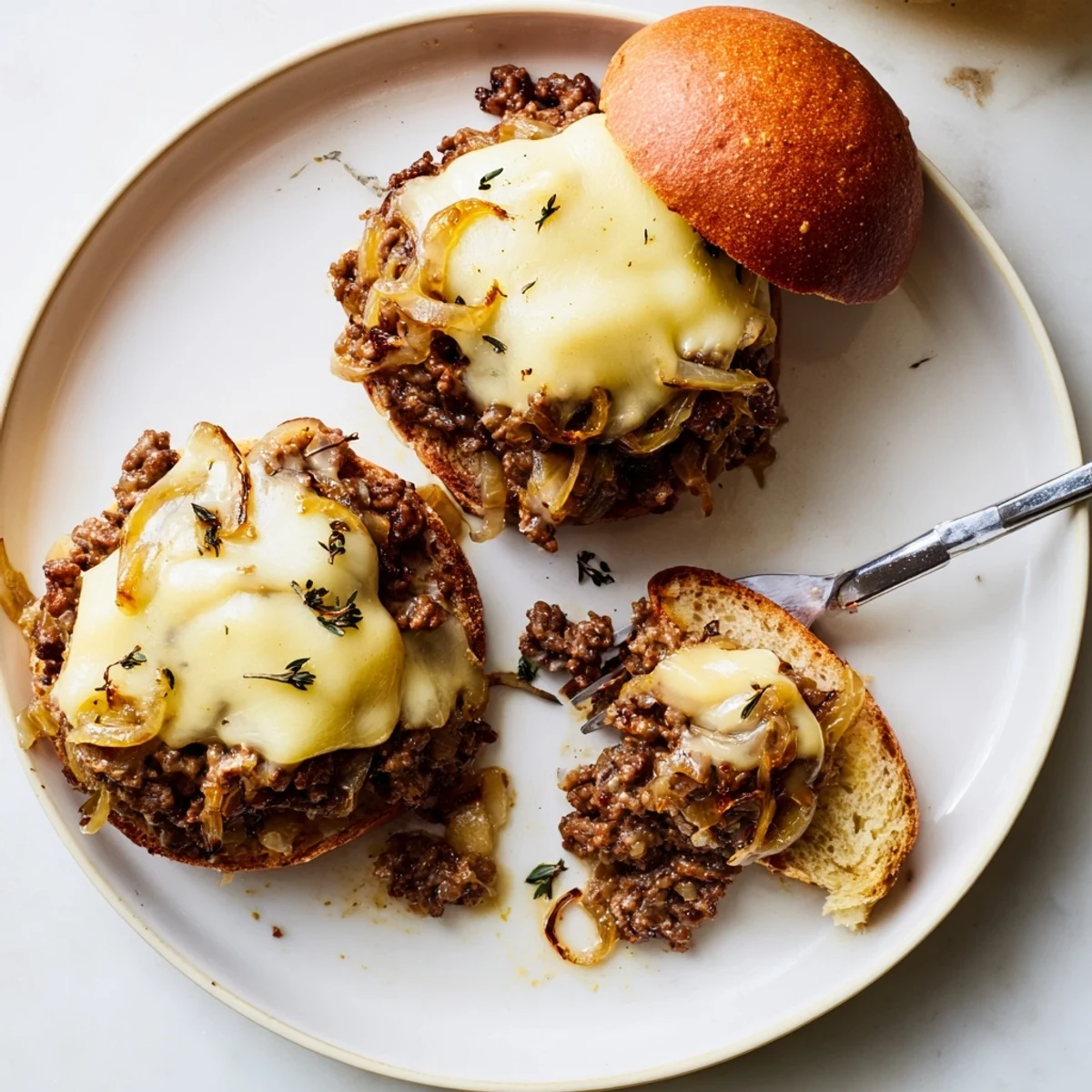 Golden brown caramelized onions and ground beef piled on toasted brioche buns with melted provolone