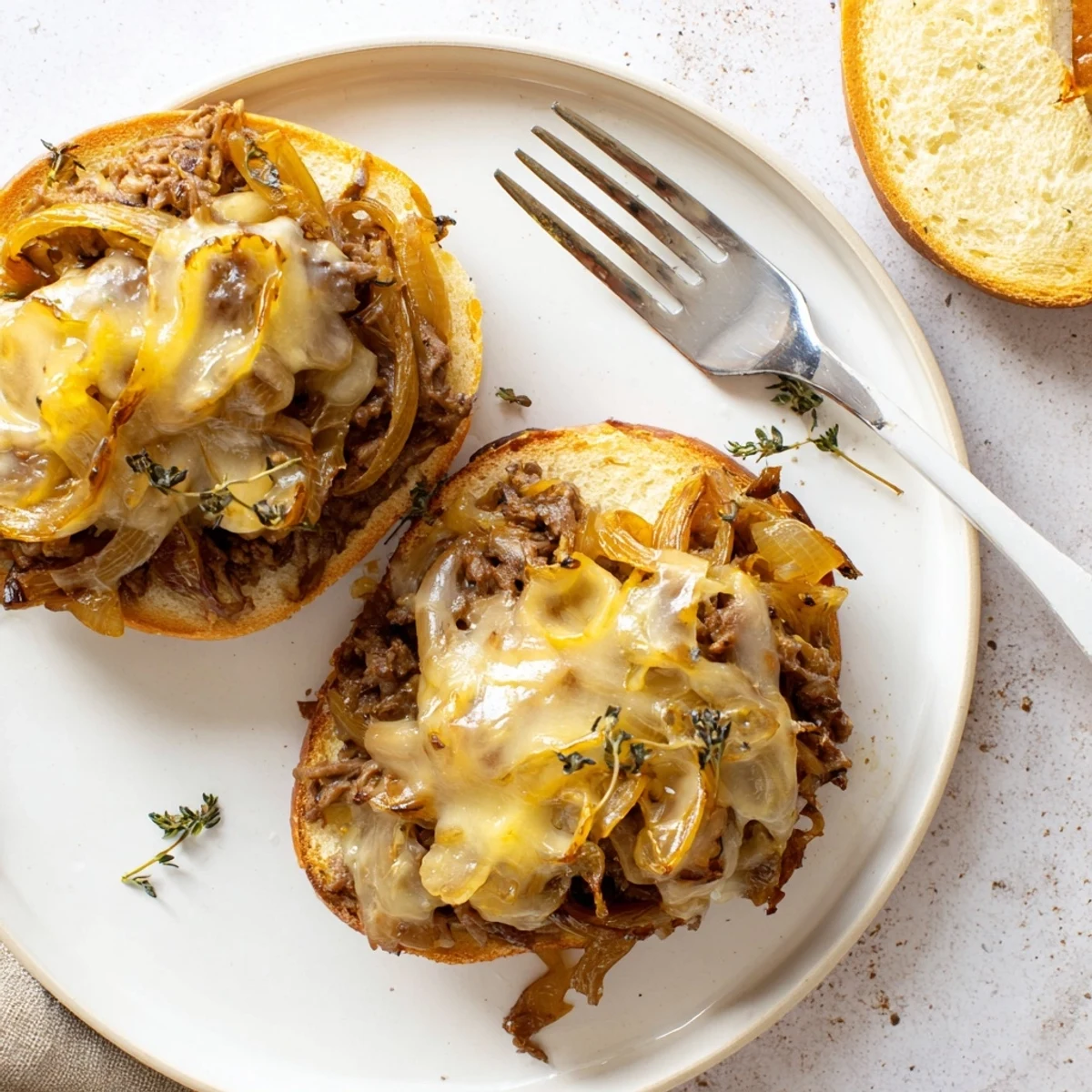 Hearty sloppy joe sandwich featuring sweet caramelized onions and ground beef with gooey melted cheese topping