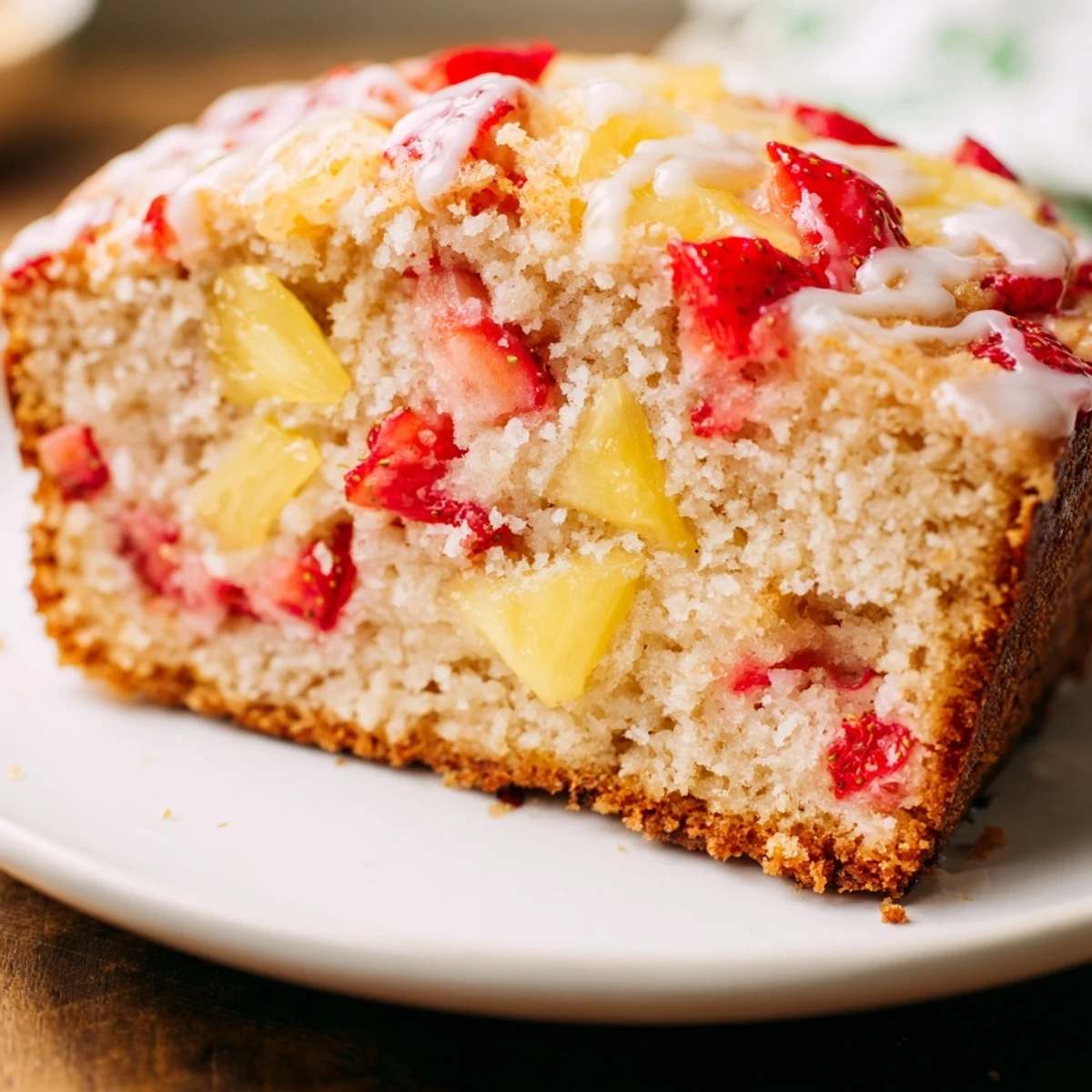 Golden brown strawberry pineapple pound cake slice topped with sweet glazed red and yellow fruit