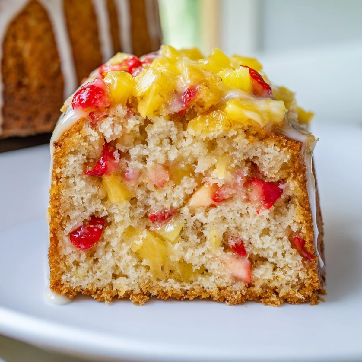 Slices of tender strawberry pineapple pound cake drizzled with sweet pineapple glaze on wire rack