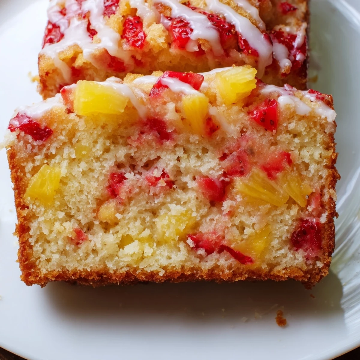 Moist loaf cake studded with fresh diced strawberries and pineapple pieces on a white plate