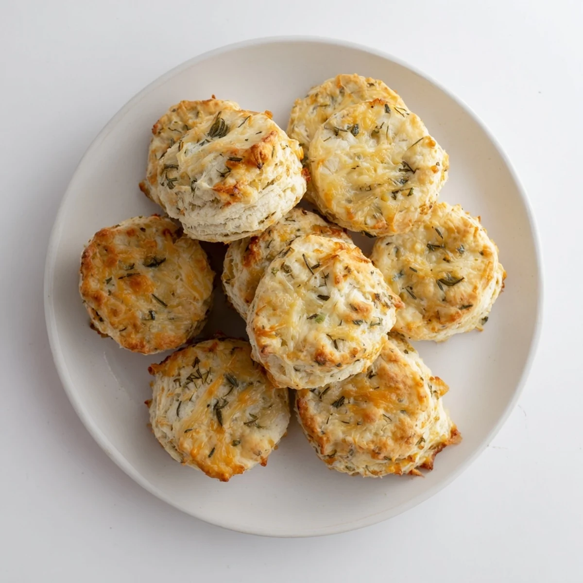 Flaky homemade sage and Gruyere biscuits stacked on a rustic wooden board
