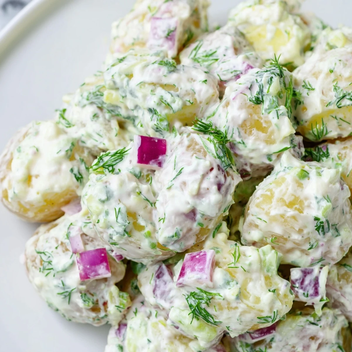 Creamy Greek yogurt potato salad with fresh dill, red onion, and celery served in a white bowl