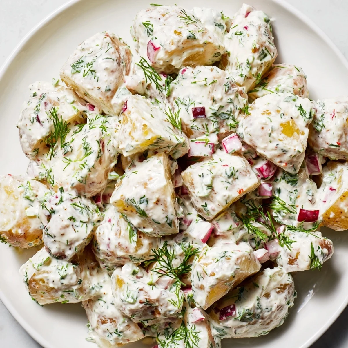 Light and healthy Greek yogurt potato salad topped with fresh parsley and dill for summer barbecues