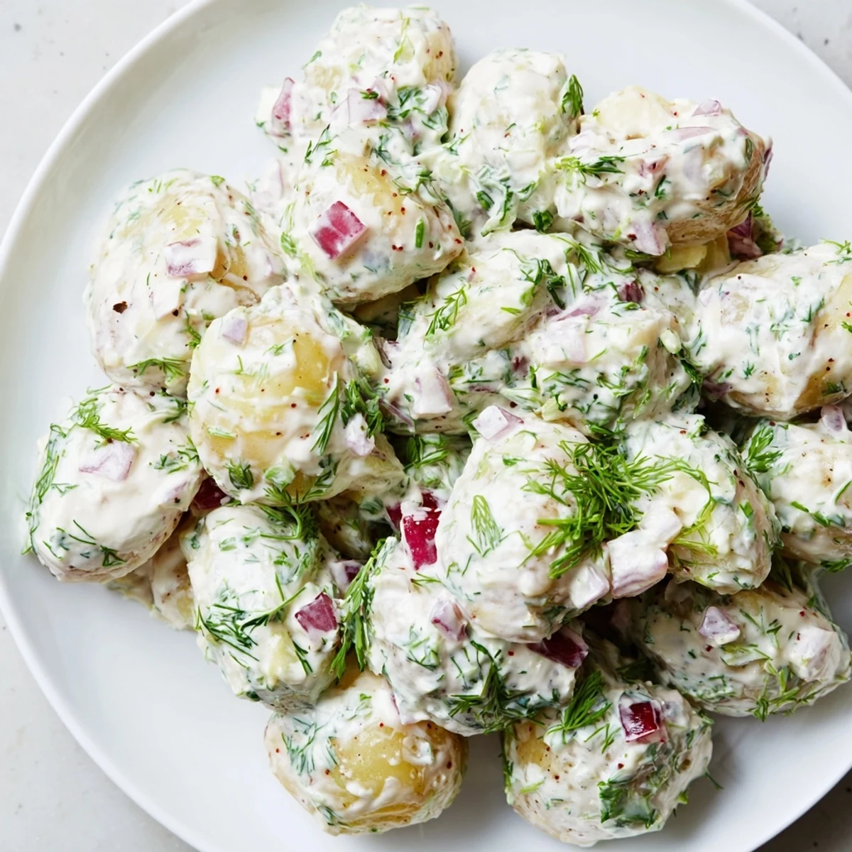 Tender potatoes coated in tangy Greek yogurt dressing with chopped herbs and crisp red onion pieces