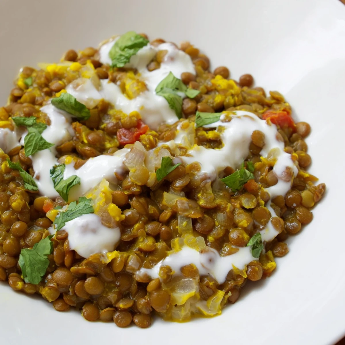 Creamy Greek yogurt lentil curry served steaming hot in a white bowl garnished with fresh cilantro