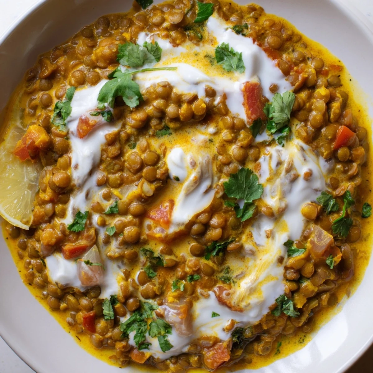 Hearty bowl of Greek yogurt lentil curry plated with fluffy basmati rice and lemon wedges