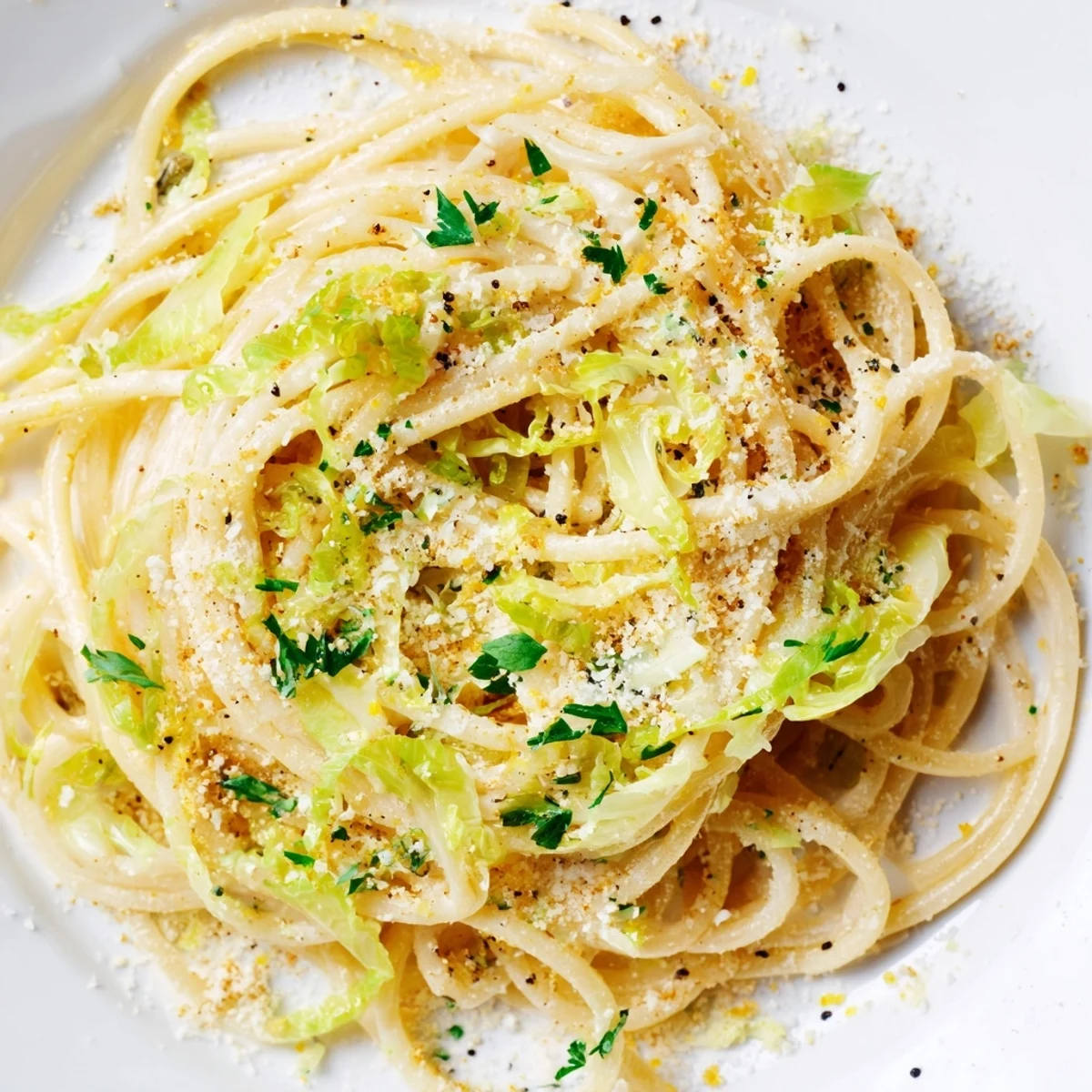 Golden lemon garlic cabbage pasta tossed with Parmesan and fresh green herbs