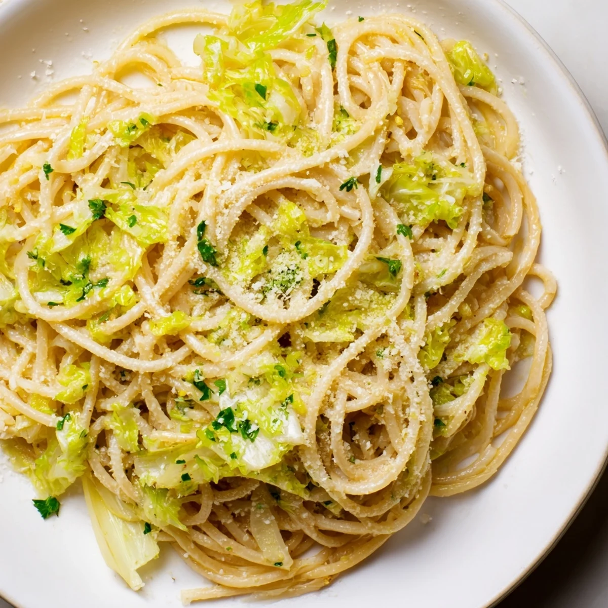 Bowl of garlic lemon cabbage pasta garnished with parsley and grated Parmesan cheese