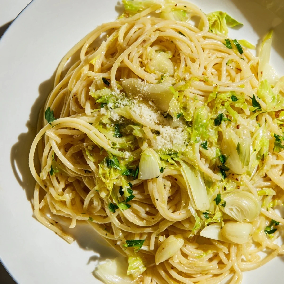 Close-up of zesty lemon garlic cabbage pasta with tender cabbage shreds and noodles