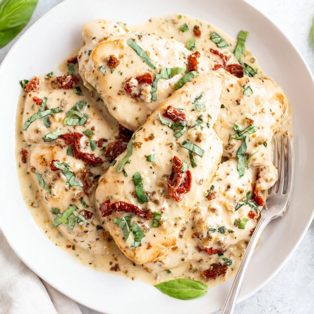 Golden pan-seared chicken breasts nestled in a rich creamy sun-dried tomato garlic sauce with fresh herb garnish