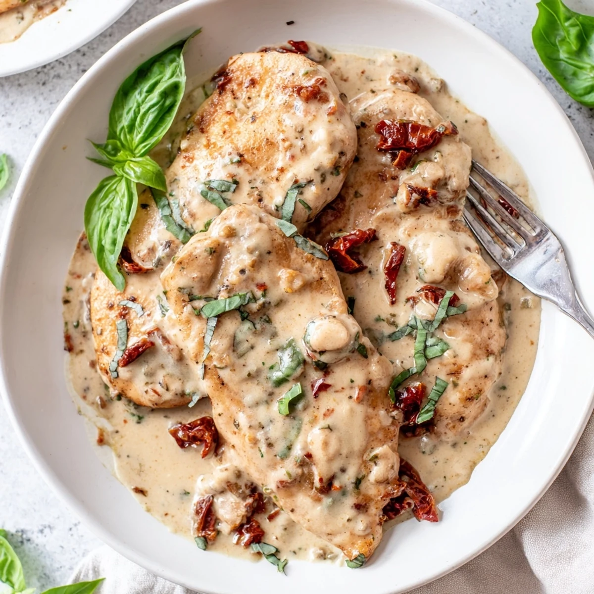 Tender chicken simmered in luscious white cream sauce dotted with vibrant sun-dried tomatoes and minced garlic