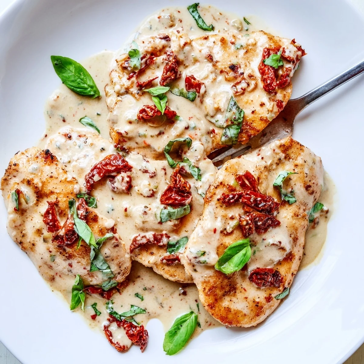 Savory creamy sun-dried tomato garlic chicken plated with chopped basil parsley and parmesan cheese shaker nearby