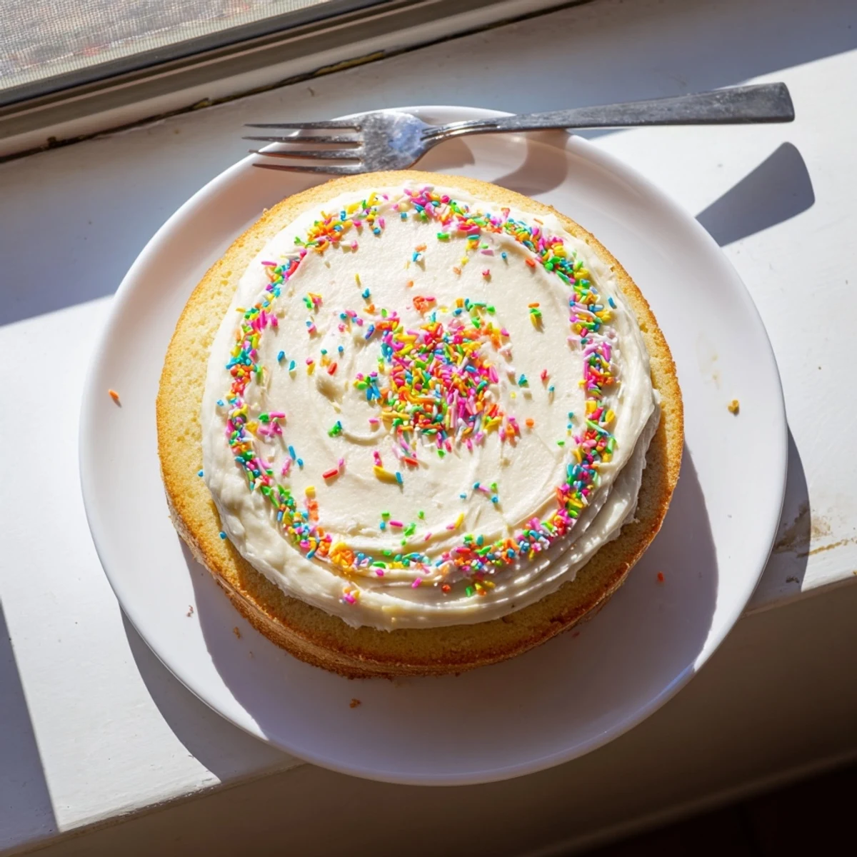 Golden vanilla bean birthday cake stacked with fluffy white buttercream frosting and colorful sprinkles on top