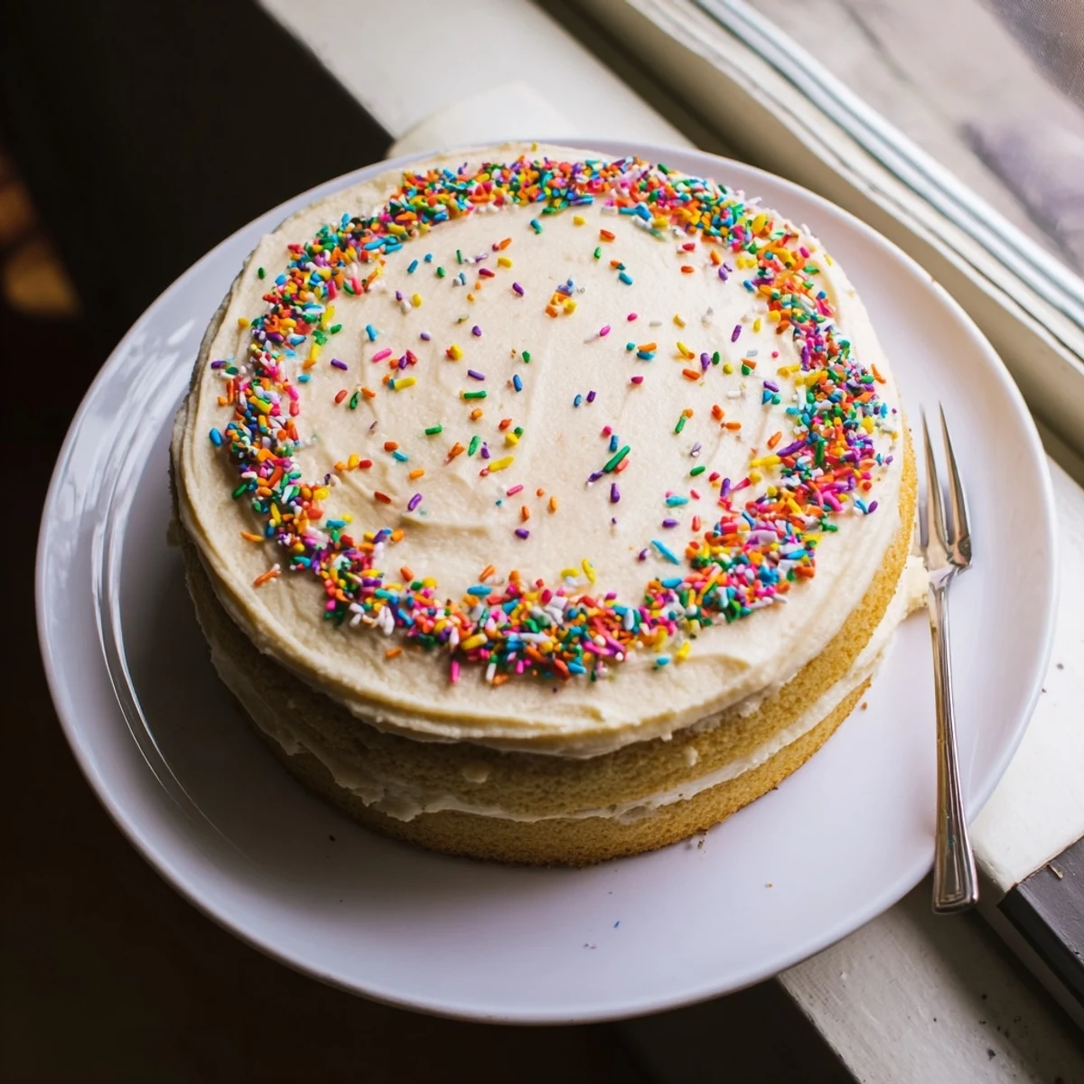 Slice of vanilla bean birthday cake revealing tender crumb and layers of creamy buttercream frosting on white plate