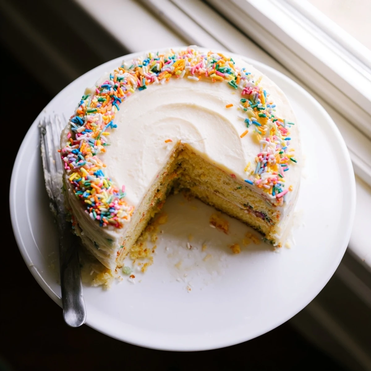 Two-layer vanilla bean birthday cake frosted with smooth buttercream and decorated for a celebration party