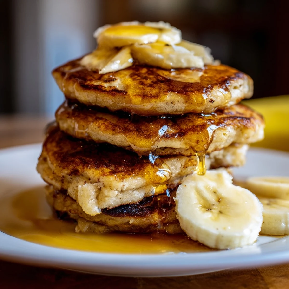Golden stack of fluffy Greek yogurt banana pancakes topped with fresh banana slices and maple syrup
